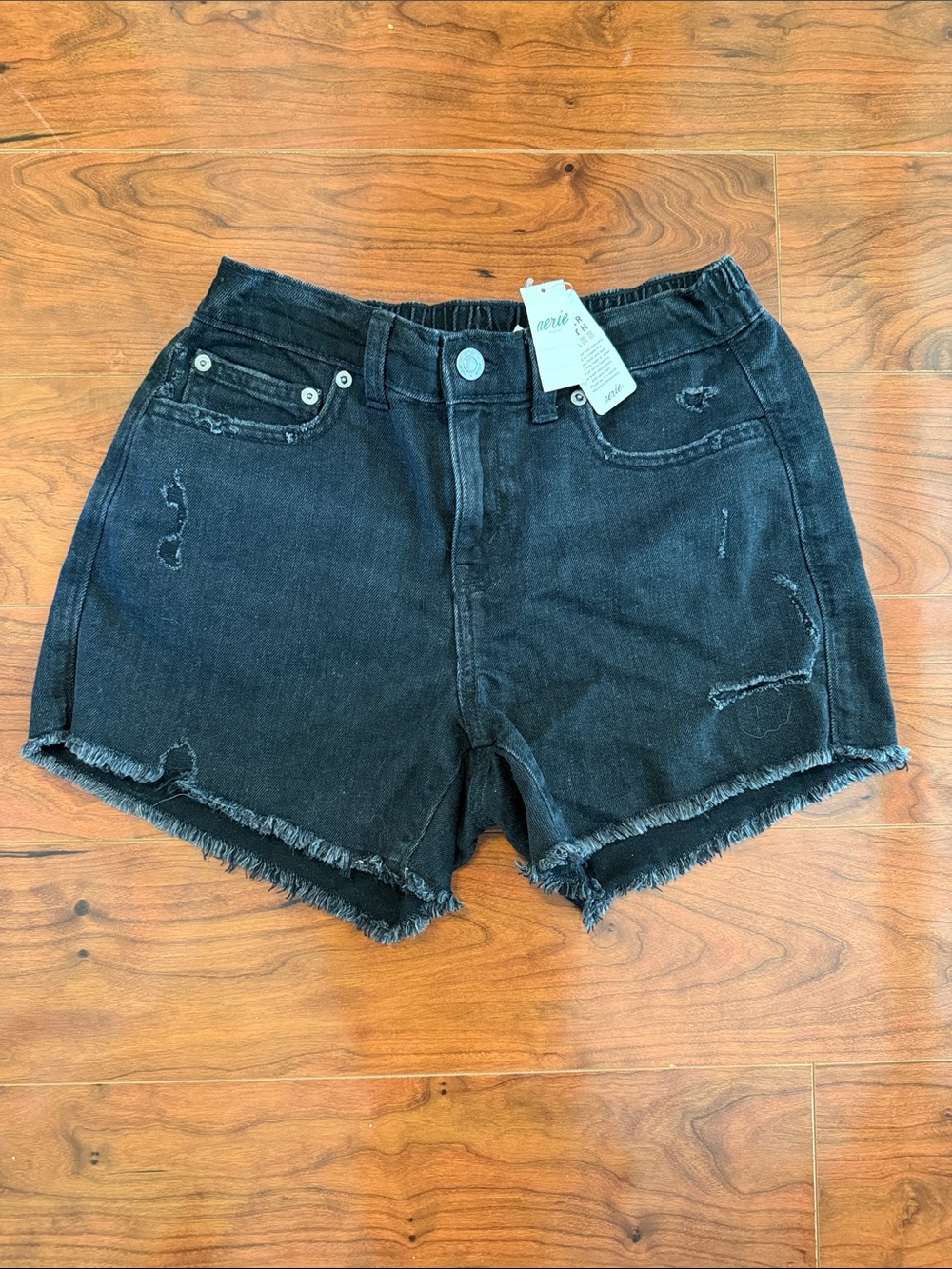 Aerie Women's Black Distressed Elastic waistband Denim Shorts